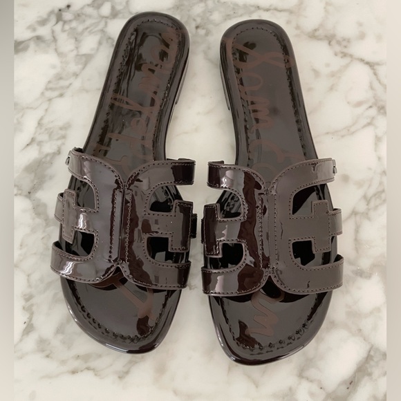 Sam Edelman Shoes - New Sam Edelman BAY Brown Patent Leather Slide Cut Out Sandals Size 7.5